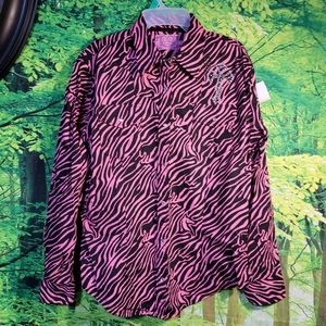 (3348-5) Cowgirl Hardware Women's L Pink Zebra Striped Pearl Snap Western Shirt.